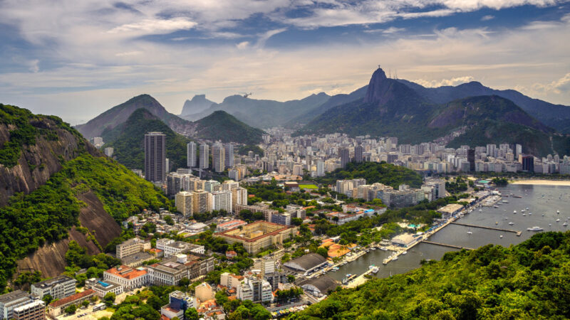 View of Botafogo neighborhood with Sugarloaf Mountain and Guanabara Bay in Rio de Janeiro