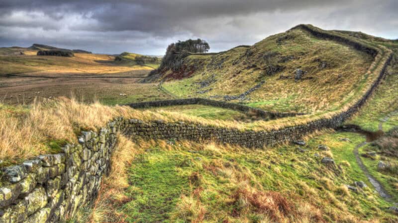 Hadrian’s Wall across the hills in Northumberland