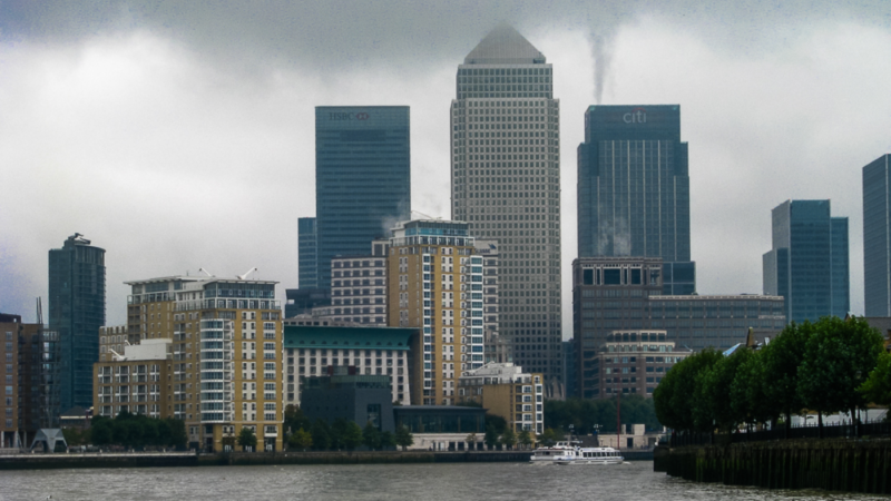 Canary Wharf skyline on the Thames showing London’s financial district