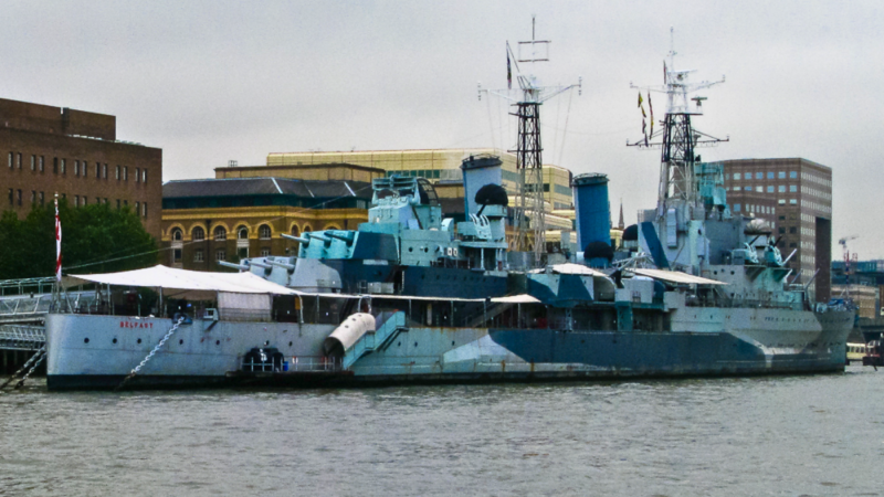HMS Belfast moored on the Thames near Tower Bridge in London