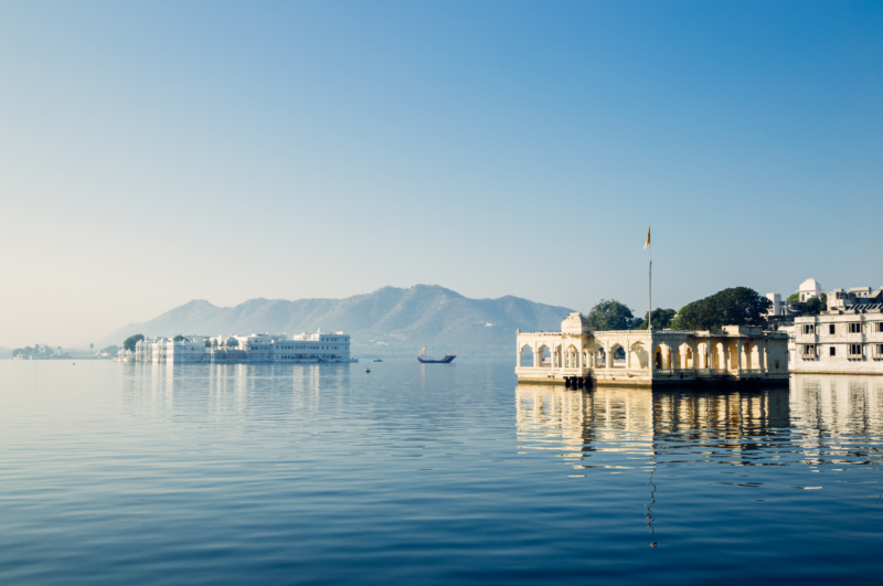 Mohan Temple and Taj Lake Palace at Pichola lake in Udaipur, India