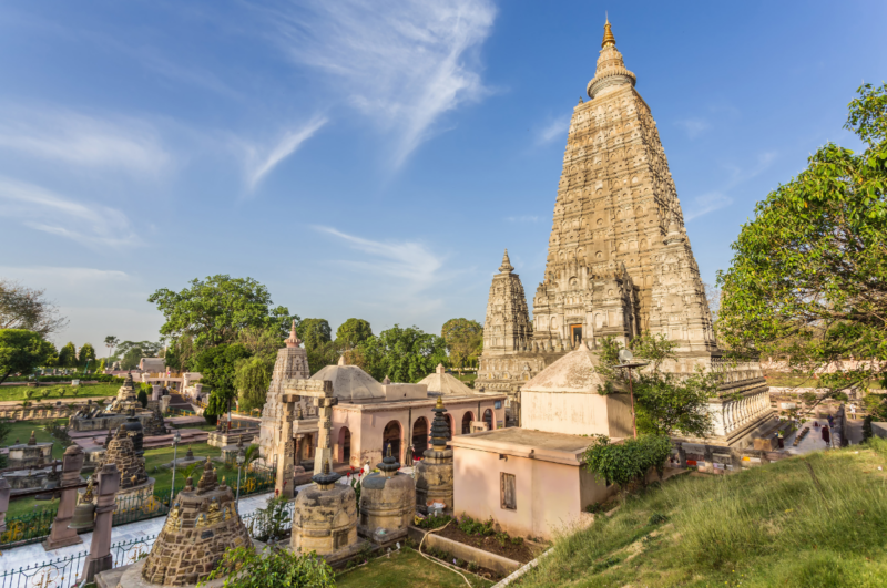 Towers of Mahabodhi Temple and grounds in Bihar, India