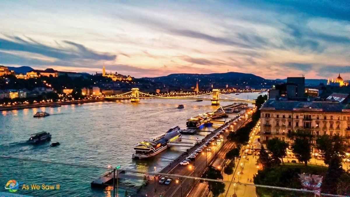 Sunset over the Danube and Budapest riverfront