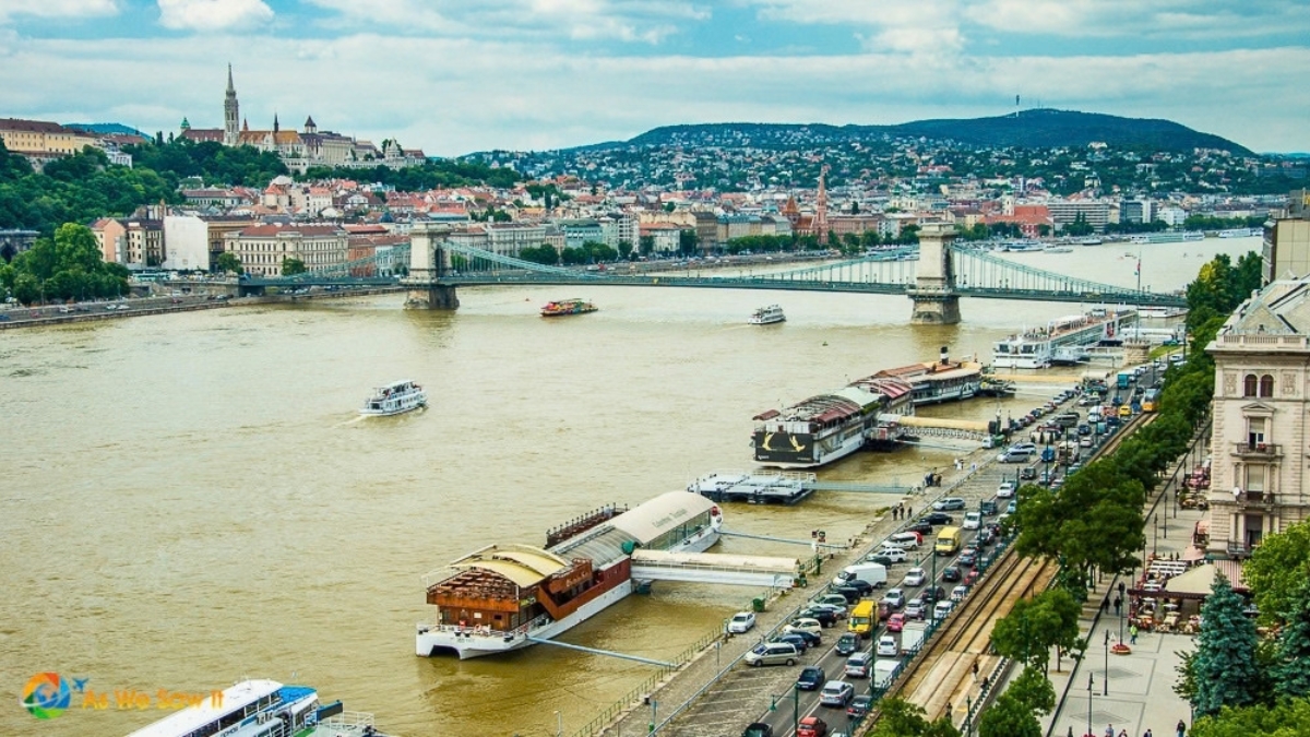 Cruise boats and docks along the Danube riverfront in central Budapest