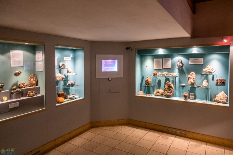 Display cases with archaeological exhibits inside the Hallstatt Museum