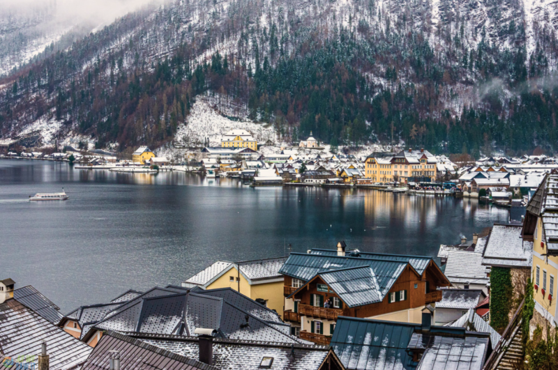 View of Hallstatt village and Lake Hallstatt from the bus stop area in winter