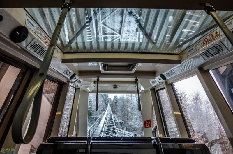 Inside the Salzberg funicular climbing above Hallstatt in winter