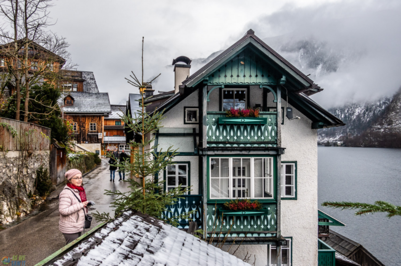 The author on a street, exploring Hallstatt on foot.