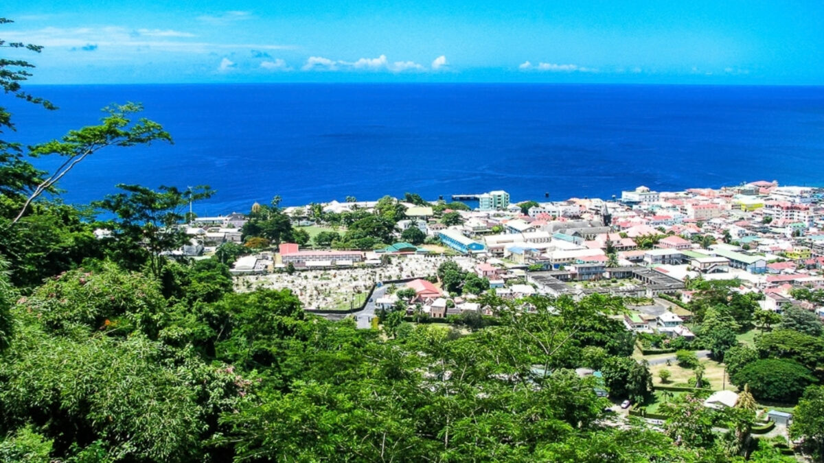 View over Roseau, Dominica, with the Caribbean Sea beyond the city.