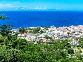 View over Roseau, Dominica, with the Caribbean Sea beyond the city.