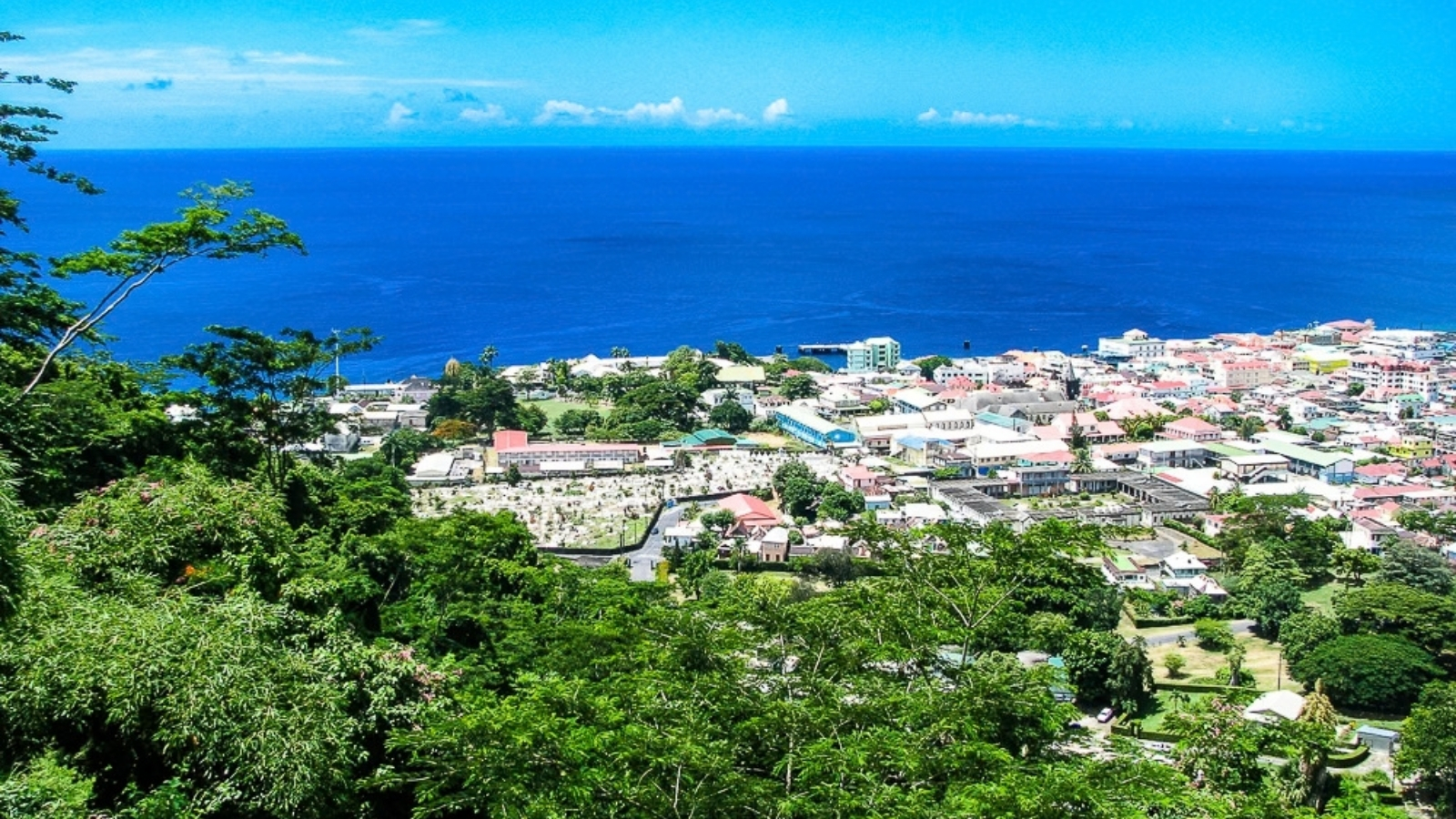 View over Roseau, Dominica, with the Caribbean Sea beyond the city.