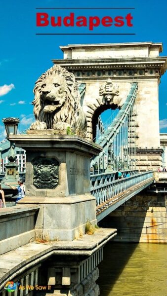 Lion statue at end of Budapest Chain Bridge