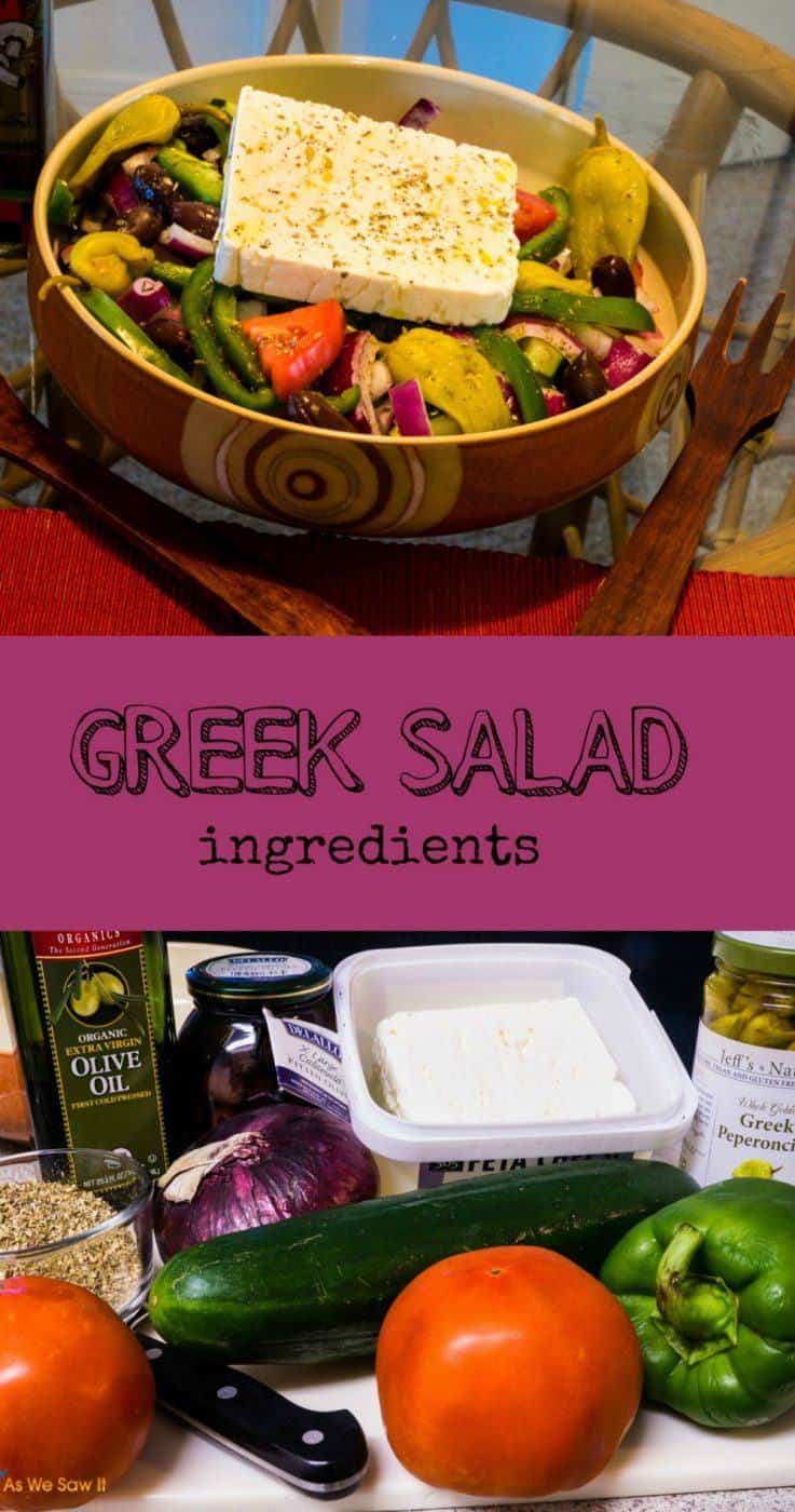 Collage of Large bowl of Greek salad topped huge slab of feta plus image of salad ingredients and a text overlay that says Greek salad ingredients.