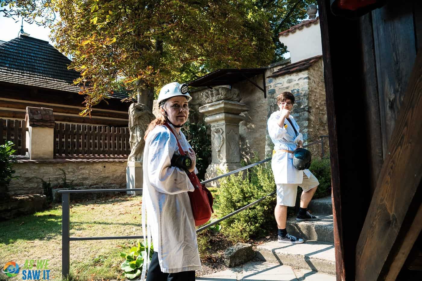 Dressed properly to explore the catacombs in Kutna Hora, Czech Republic