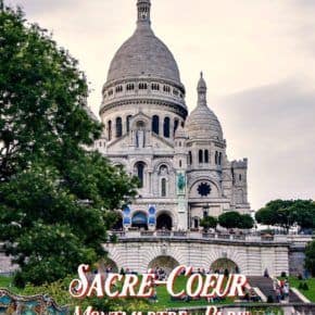 Sacre Coeur with tree in foreground. Text overlay: Sacre Coeur, Montmatre, Paris
