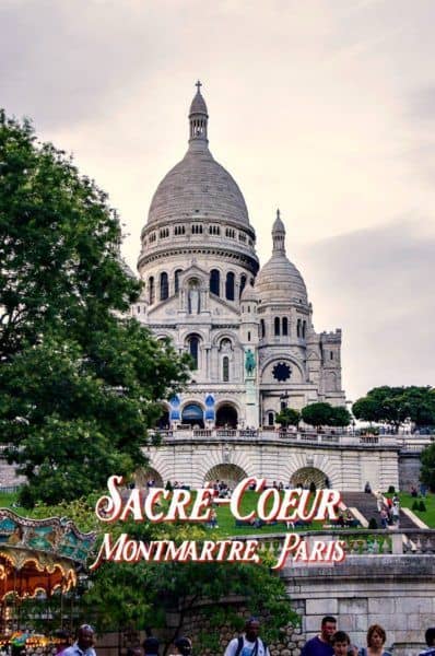 Sacre Coeur with tree in foreground. Text overlay: Sacre Coeur, Montmatre, Paris