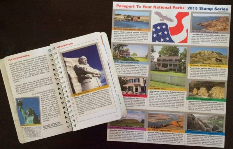 Open National Parks Passport on left. On right, sheet with national park stickers from 2015 stamp series.