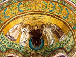 gold-leafed mosaic of Jesus surrounded by angels