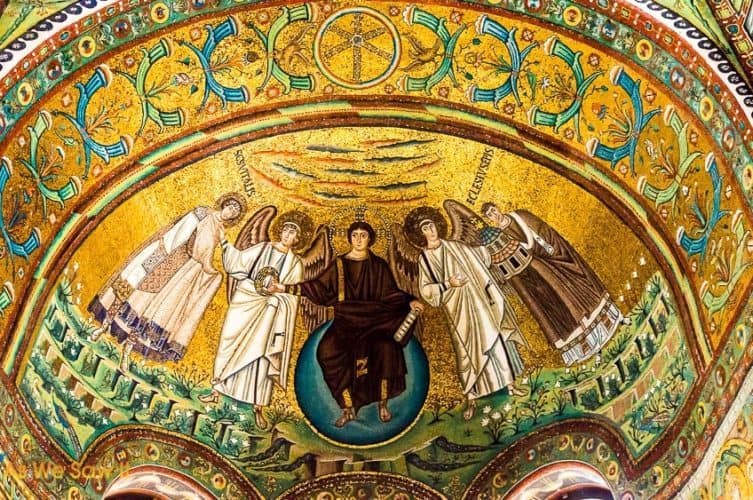gold-leafed mosaic of Jesus surrounded by angels