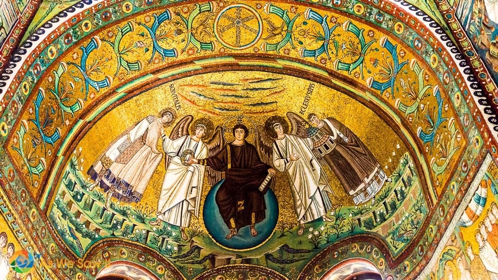 gold-leafed mosaic of Jesus surrounded by angels